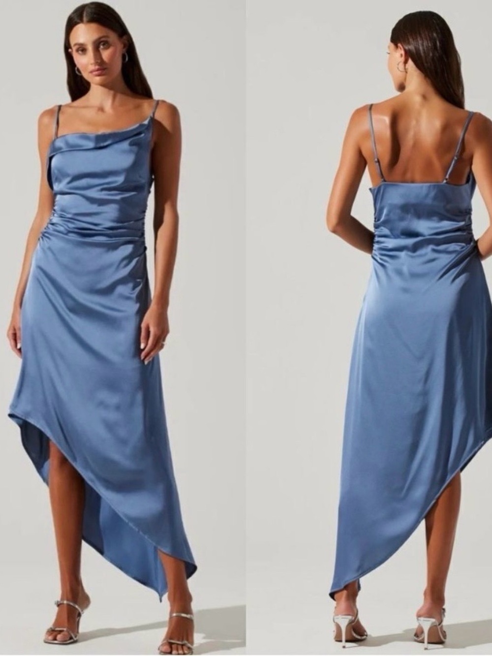 Satin Asymmetrical Slip Dress in Slate Blue